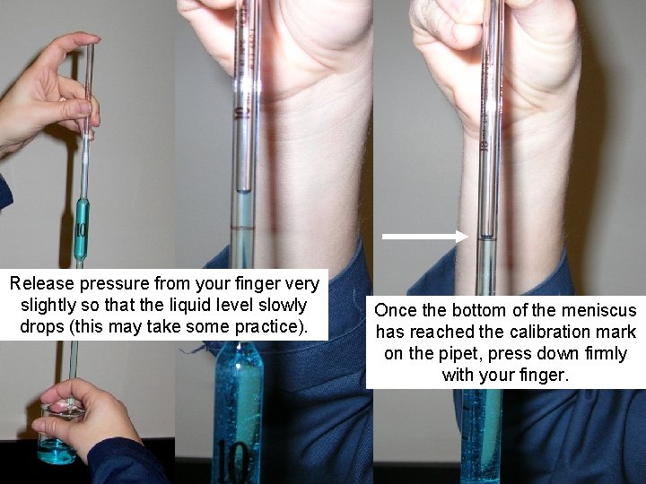 Release pressure from your finger very slightly so that the liquid level slowly drops