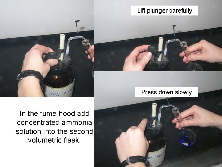 Lift plunger carefully Press down slowly In the fume hood add concentrated ammonia solution