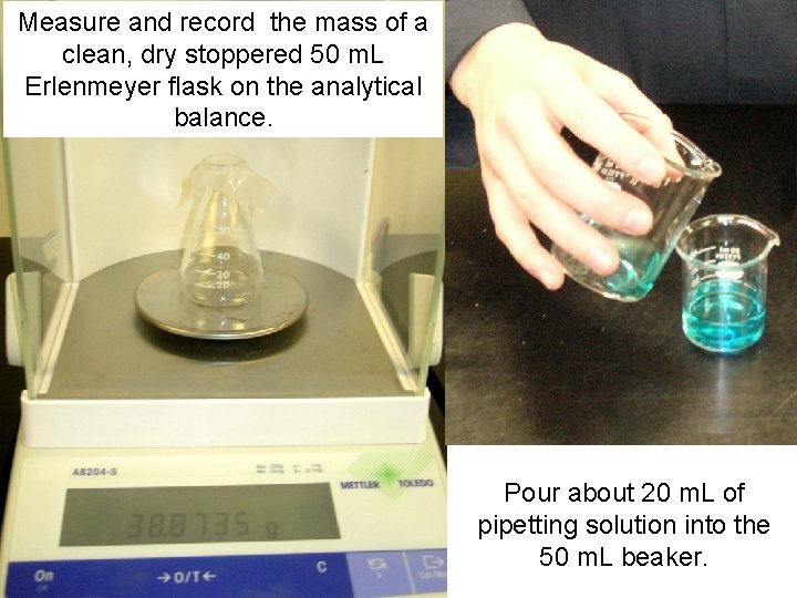 Measure and record the mass of a clean, dry stoppered 50 m. L Erlenmeyer