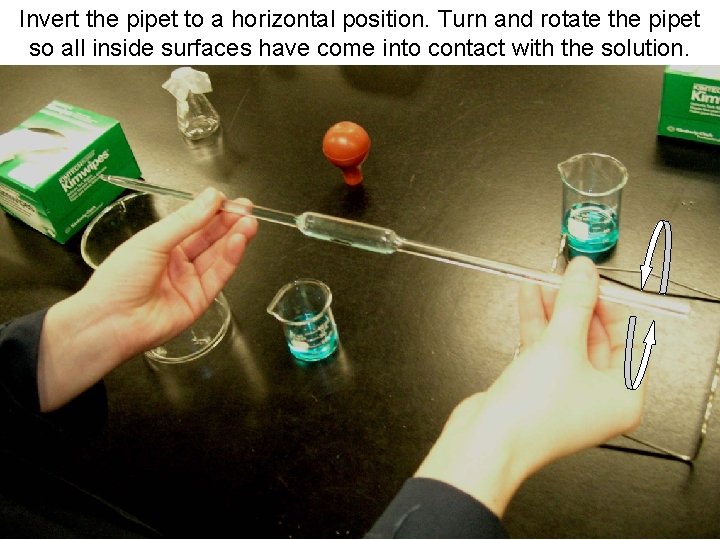 Invert the pipet to a horizontal position. Turn and rotate the pipet so all