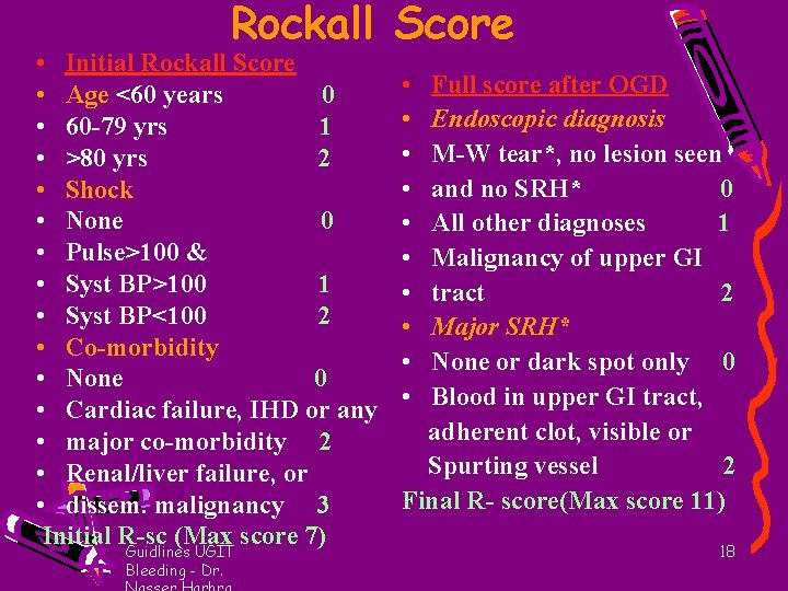 Rockall Score • Initial Rockall Score • Age <60 years 0 • 60 -79