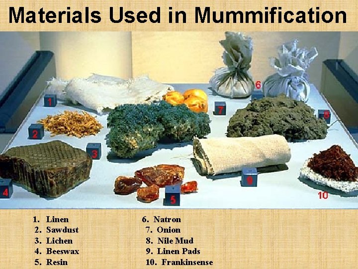 Materials Used in Mummification 1. 2. 3. 4. 5. Linen Sawdust Lichen Beeswax Resin