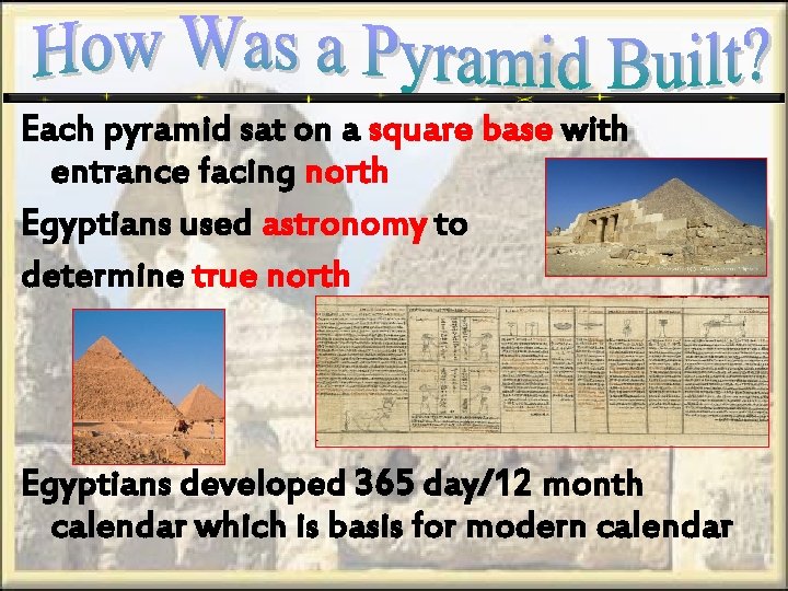 Each pyramid sat on a square base with entrance facing north Egyptians used astronomy