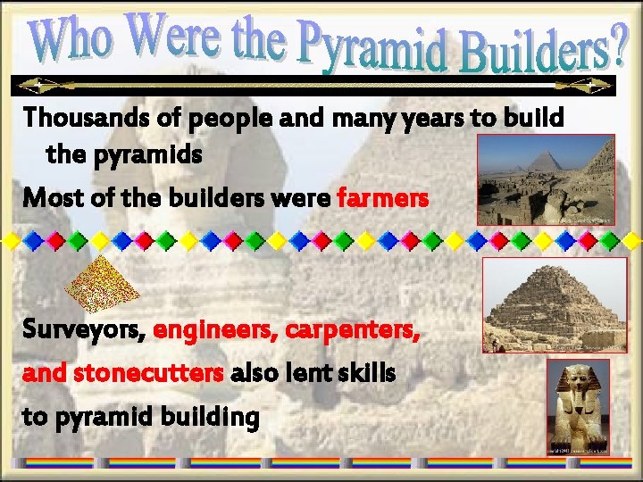 Thousands of people and many years to build the pyramids Most of the builders