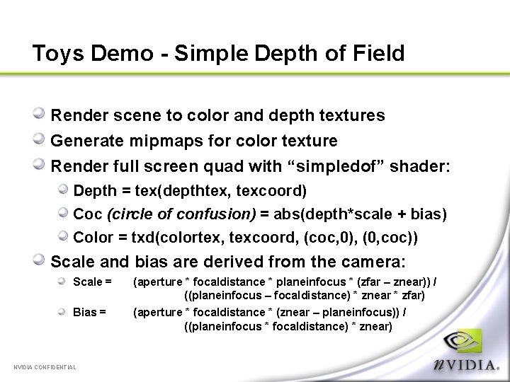 Toys Demo - Simple Depth of Field Render scene to color and depth textures