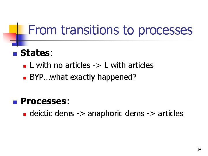 From transitions to processes n States: n n n L with no articles ->