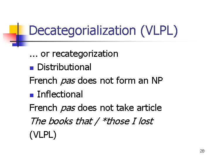 Decategorialization (VLPL). . . or recategorization n Distributional French pas does not form an