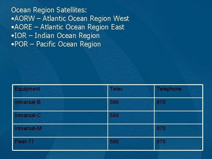 Ocean Region Satellites: • AORW – Atlantic Ocean Region West • AORE – Atlantic
