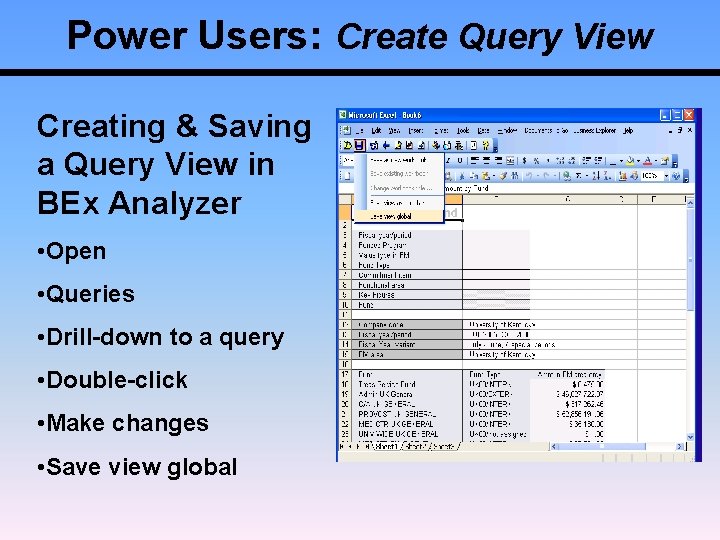Power Users: Create Query View Creating & Saving a Query View in BEx Analyzer
