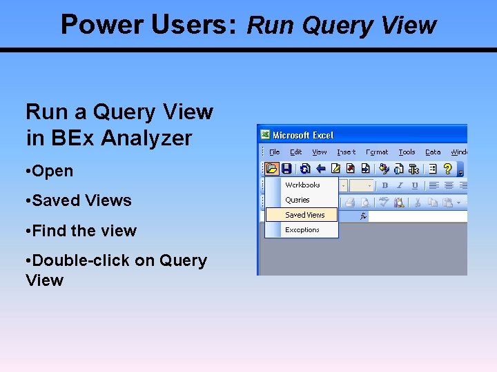 Power Users: Run Query View Run a Query View in BEx Analyzer • Open