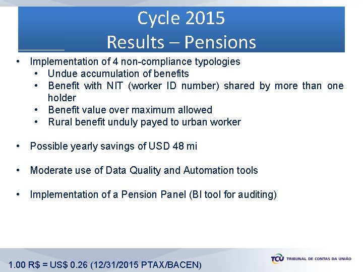 Cycle 2015 Results – Pensions • Implementation of 4 non-compliance typologies • Undue accumulation