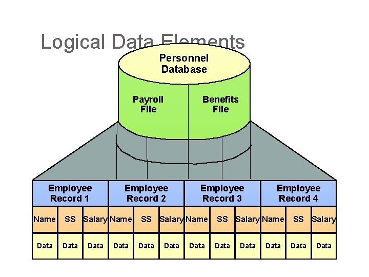 Logical Data Elements Personnel Database Employee Record 1 Name Data Payroll File Benefits File Logical Data Elements Personnel Database Employee Record 1 Name Data Payroll File Benefits File