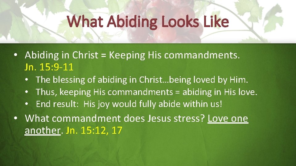 What Abiding Looks Like • Abiding in Christ = Keeping His commandments. Jn. 15: