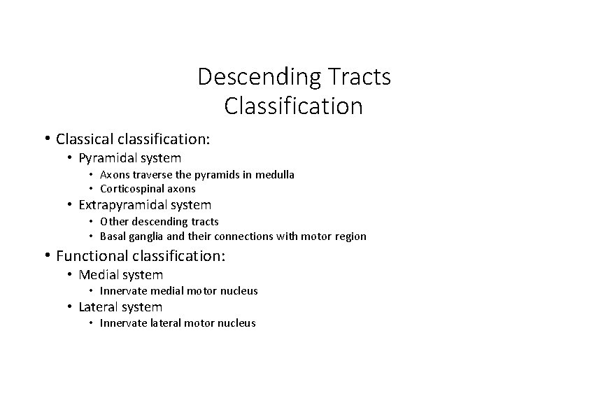 Descending Tracts Classification • Classical classification: • Pyramidal system • Axons traverse the pyramids
