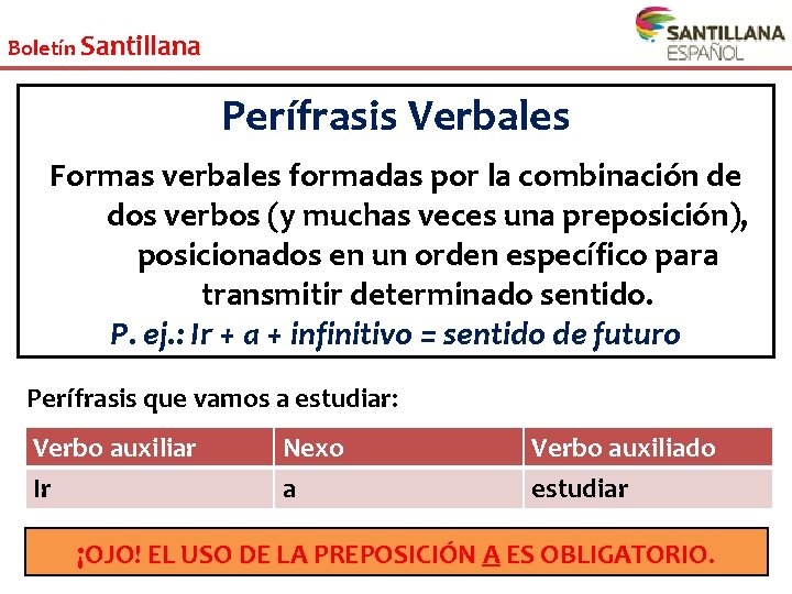 Boletín Santillana Perífrasis Verbales Formas verbales formadas por la combinación de dos verbos (y Boletín Santillana Perífrasis Verbales Formas verbales formadas por la combinación de dos verbos (y