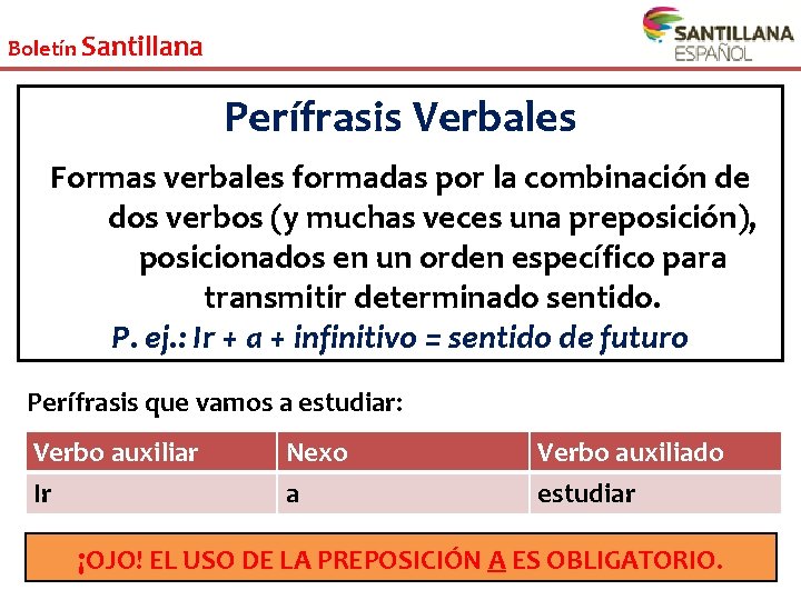 Boletín Santillana Perífrasis Verbales Formas verbales formadas por la combinación de dos verbos (y