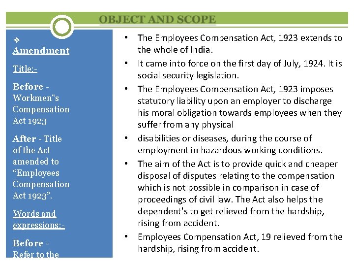 ❖ Amendment Title: - 1) Before Workmen‟s Compensation Act 1923 After - Title of