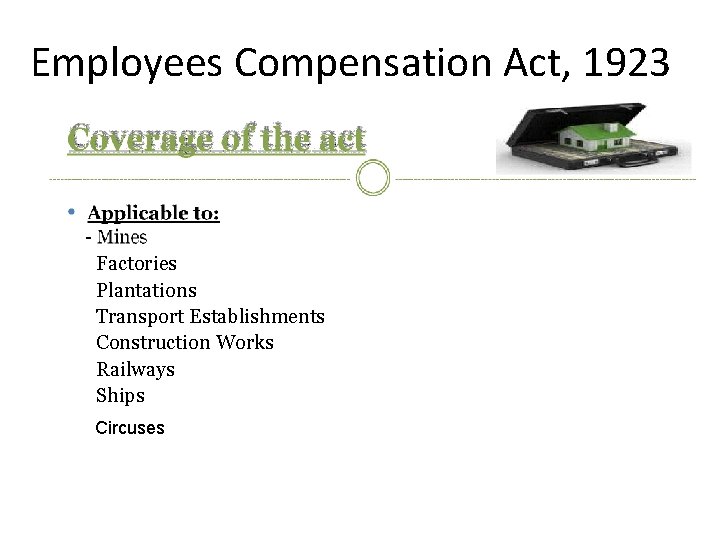 Employees Compensation Act, 1923 − − − Factories Plantations Transport Establishments Construction Works Railways