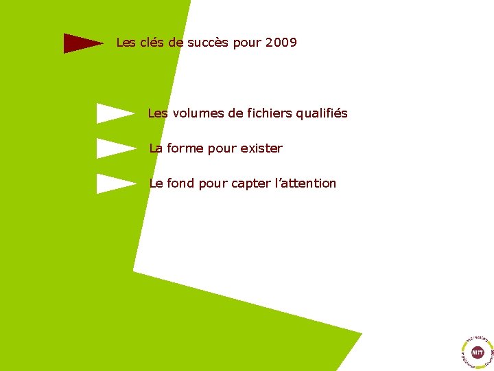 Les clés de succès pour 2009 Les volumes de fichiers qualifiés La forme pour