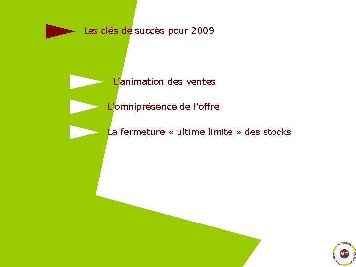 Les clés de succès pour 2009 L’animation des ventes L’omniprésence de l’offre La fermeture