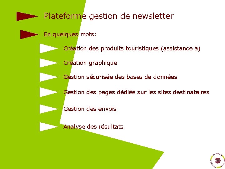 Plateforme gestion de newsletter En quelques mots: Création des produits touristiques (assistance à) Création