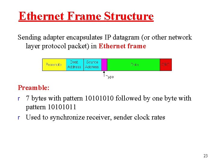 Ethernet Frame Structure Sending adapter encapsulates IP datagram (or other network layer protocol packet)