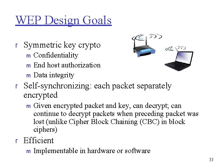 WEP Design Goals r Symmetric key crypto m Confidentiality m End host authorization m