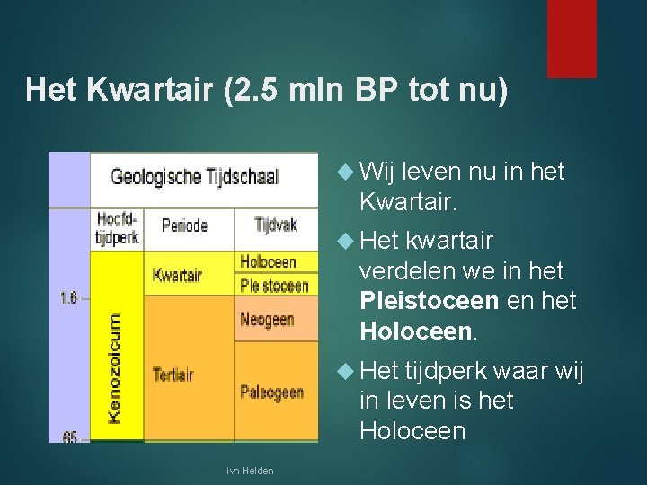 Het Kwartair (2. 5 mln BP tot nu) Wij leven nu in het Kwartair.