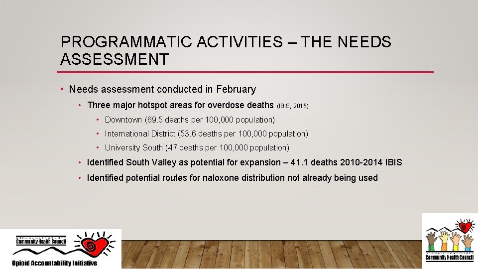 PROGRAMMATIC ACTIVITIES – THE NEEDS ASSESSMENT • Needs assessment conducted in February • Three