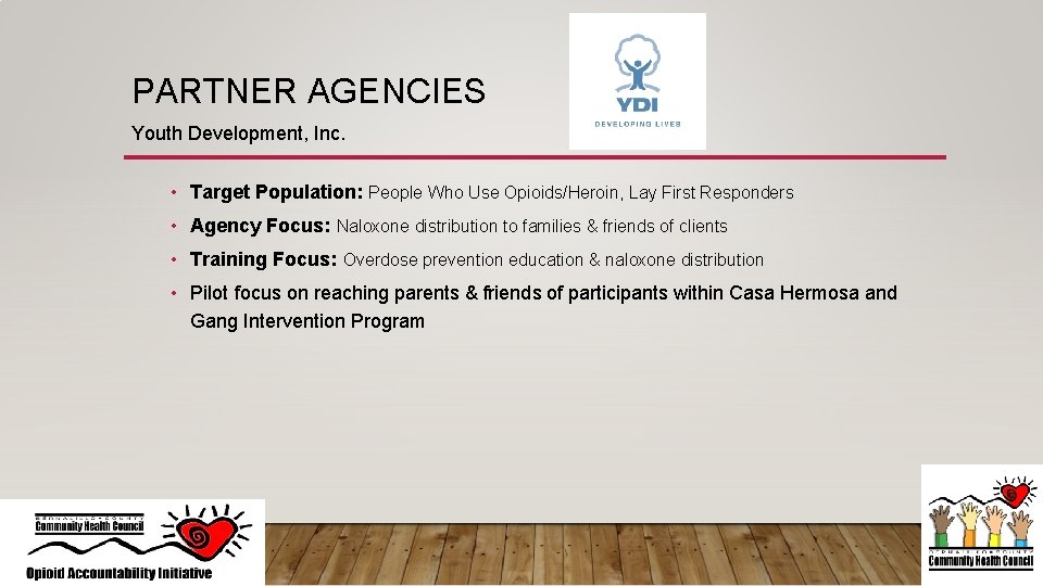 PARTNER AGENCIES Youth Development, Inc. • Target Population: People Who Use Opioids/Heroin, Lay First