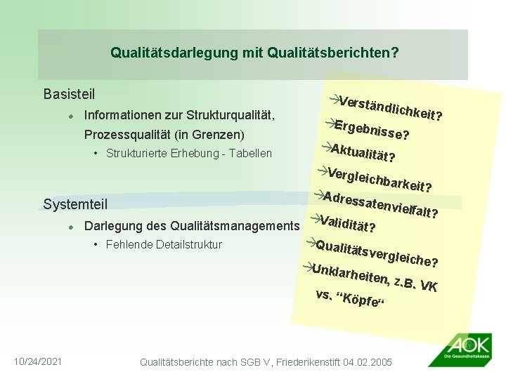 Qualitätsdarlegung mit Qualitätsberichten? Basisteil l Informationen zur Strukturqualität, Prozessqualität (in Grenzen) • Strukturierte Erhebung