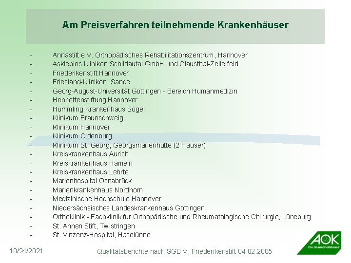 Am Preisverfahren teilnehmende Krankenhäuser 10/24/2021 Annastift e. V. Orthopädisches Rehabilitationszentrum, Hannover Asklepios Kliniken Schildautal