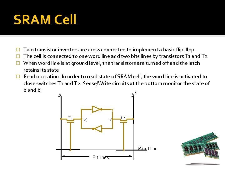 SRAM Cell Two transistor inverters are cross connected to implement a basic flip-flop. The