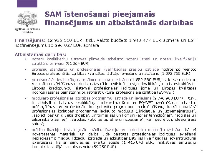 SAM īstenošanai pieejamais finansējums un atbalstāmās darbības Finansējums: 12 936 510 EUR, t. sk.