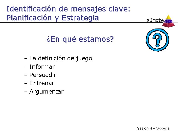 Identificación de mensajes clave: Planificación y Estrategia ¿En qué estamos? – – – La