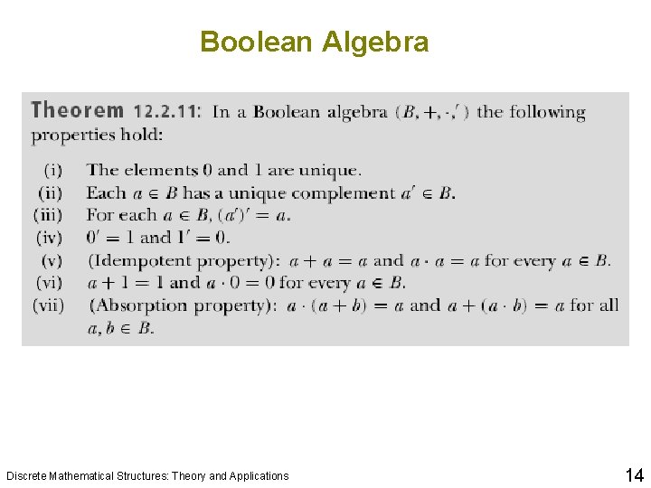 Boolean Algebra Discrete Mathematical Structures: Theory and Applications 14 Boolean Algebra Discrete Mathematical Structures: Theory and Applications 14