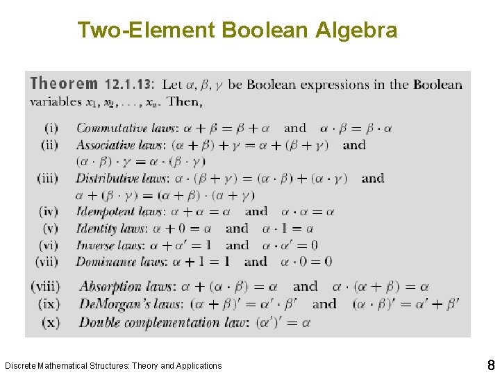 Two-Element Boolean Algebra Discrete Mathematical Structures: Theory and Applications 8 Two-Element Boolean Algebra Discrete Mathematical Structures: Theory and Applications 8