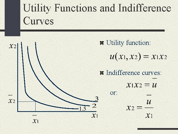 Utility Functions and Indifference Curves Utility function: Indifference curves: or: 