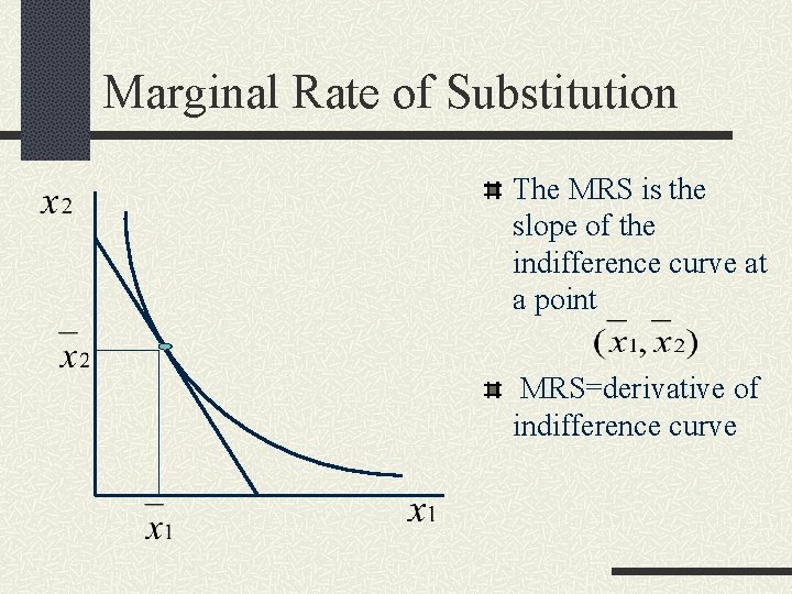 Marginal Rate of Substitution The MRS is the slope of the indifference curve at