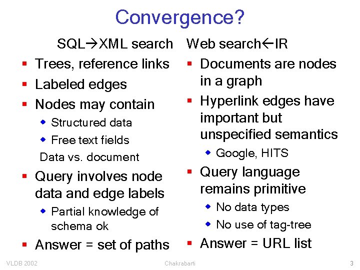 Convergence? SQL XML search Web search IR § Trees, reference links § Documents are