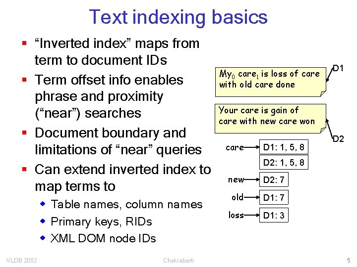 Text indexing basics § “Inverted index” maps from term to document IDs § Term