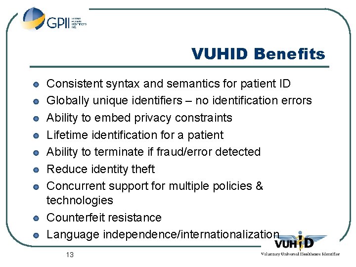 VUHID Benefits Consistent syntax and semantics for patient ID Globally unique identifiers – no