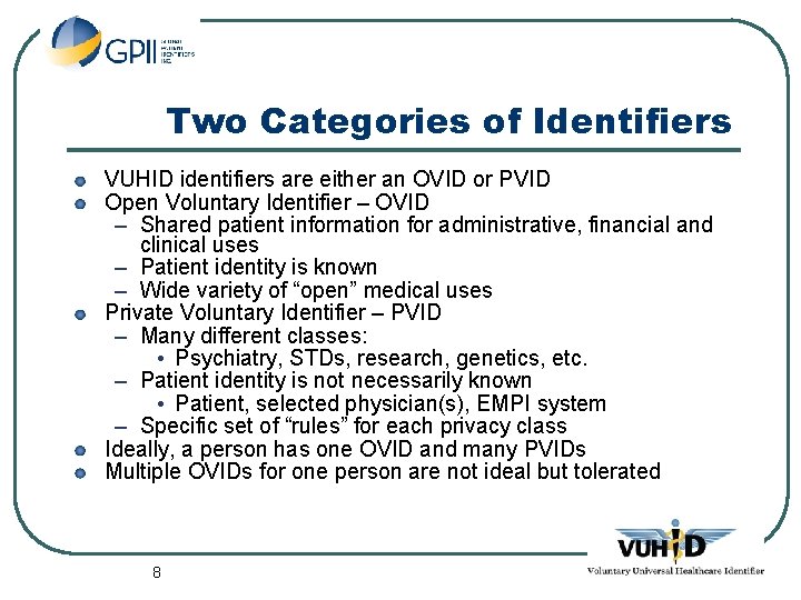 Two Categories of Identifiers VUHID identifiers are either an OVID or PVID Open Voluntary