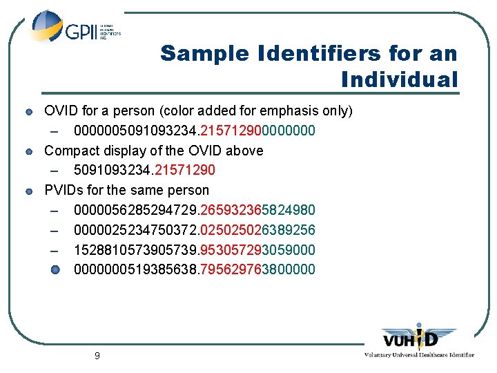 Sample Identifiers for an Individual OVID for a person (color added for emphasis only)