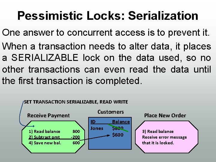 Pessimistic Locks: Serialization One answer to concurrent access is to prevent it. When a