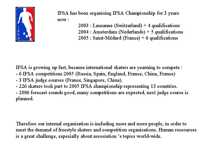 IFSA has been organising IFSA Championship for 3 years now : 2003 : Lausanne