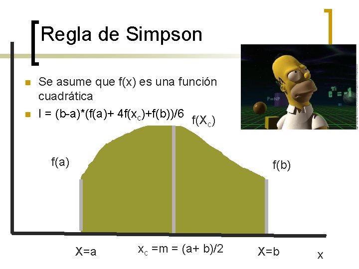 Regla de Simpson n n Se asume que f(x) es una función cuadrática I