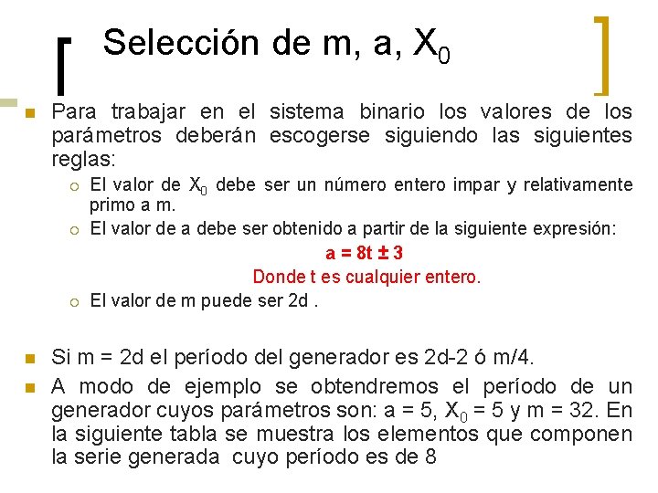 Selección de m, a, X 0 n Para trabajar en el sistema binario los