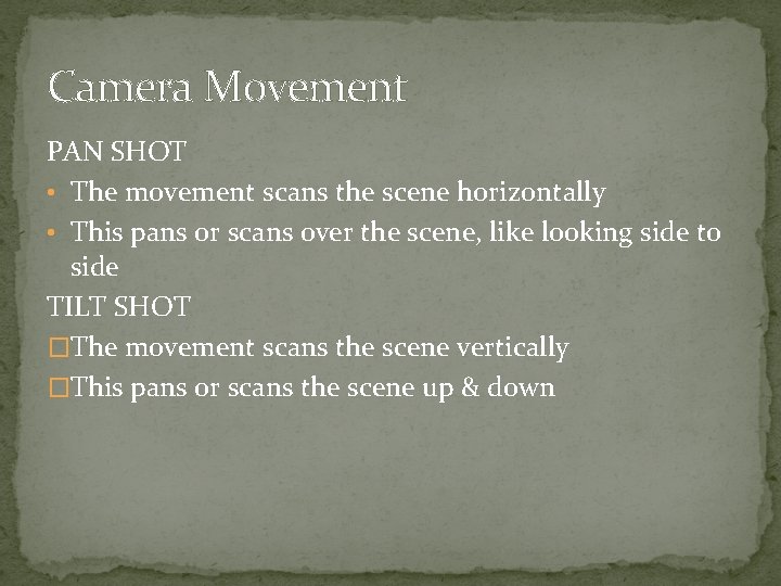 Camera Movement PAN SHOT • The movement scans the scene horizontally • This pans