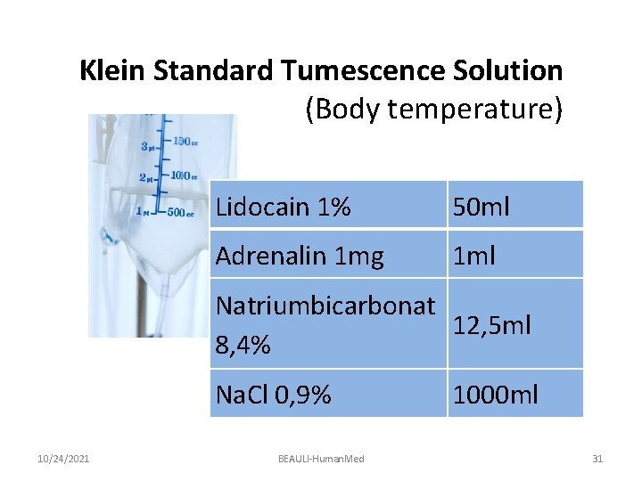 Klein Standard Tumescence Solution (Body temperature) Lidocain 1% 50 ml Adrenalin 1 mg 1